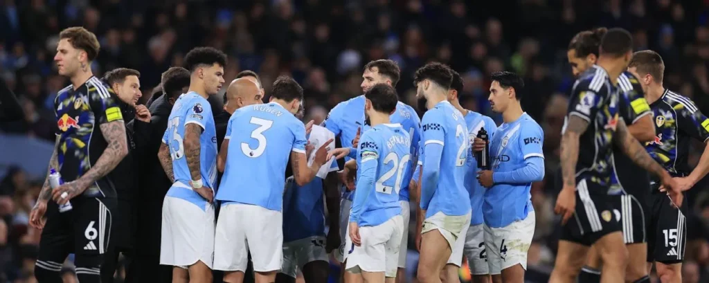 Man City players listening Pep's instruction Vs Leeds
